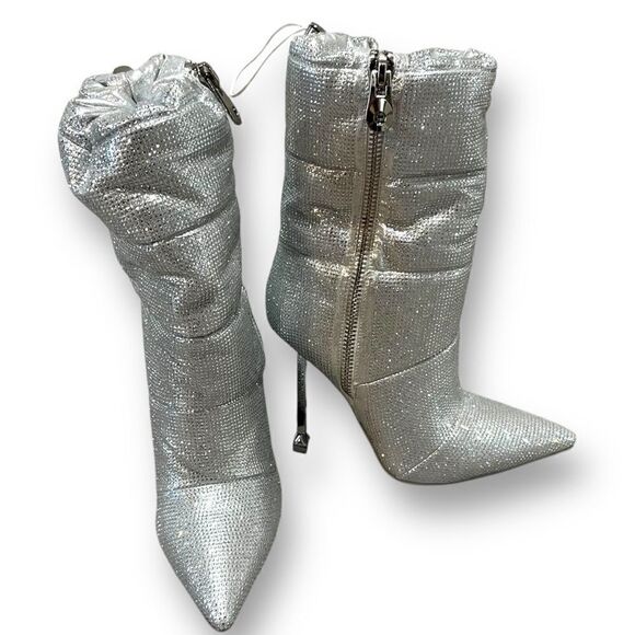 NWOB Azalea Wang Stepping Out silver rhinestone heeled puffer bootie sz 6.5 - Picture 6 of 9
